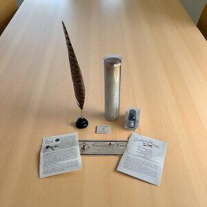 Feather Dip Pen w Brass Nib Water Based Black Ink + Parchment Sheets